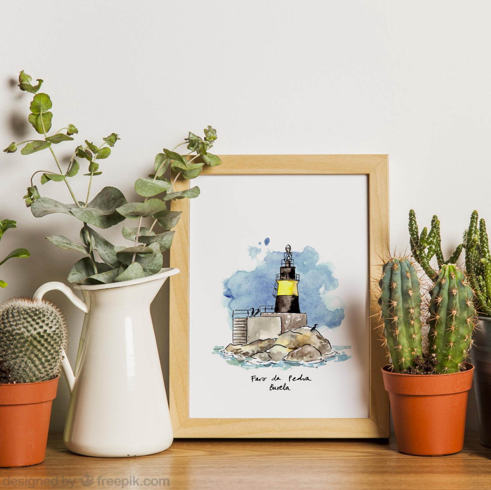 ilustración en acuarela del faro da pedra de burela con el cielo azul enmarcada ilustración en acuarela del faro da pedra de burela con el cielo azul enmaracada y con plantas decorativas alrededor
