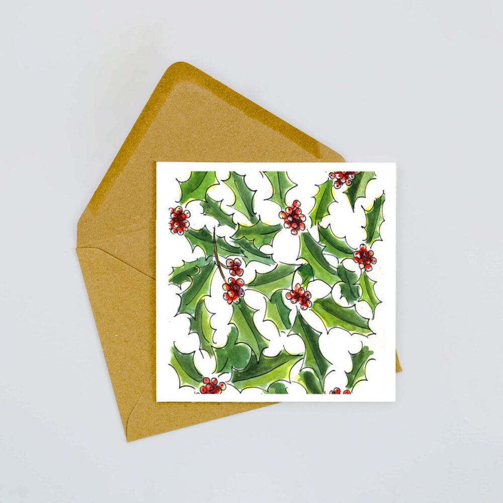 Postal navideña con hojas de acebo
