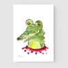 lustración infantil en acuarela del retrato de un cocodrilo verde con camiseta de lunares rosa