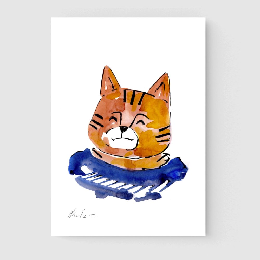 lustración infantil en acuarela del retrato de un gato de rayas naranja con camiseta azul