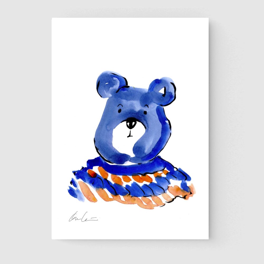 lustración infantil en acuarela del retrato de un oso azul con jersey de rayas azules y naranjas