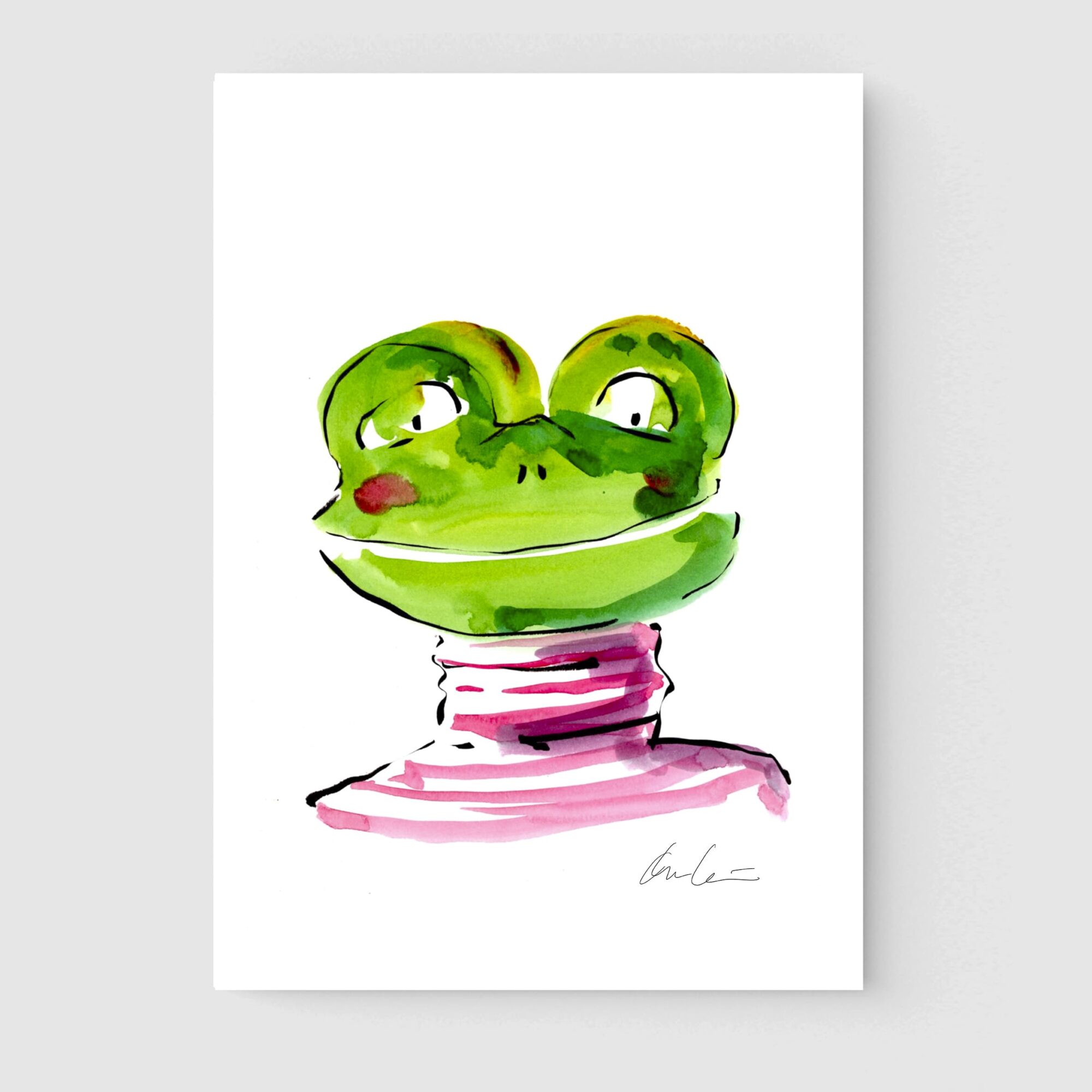 Ilustración infantil en acuarela del retrato de una rana verde con jersey rosa