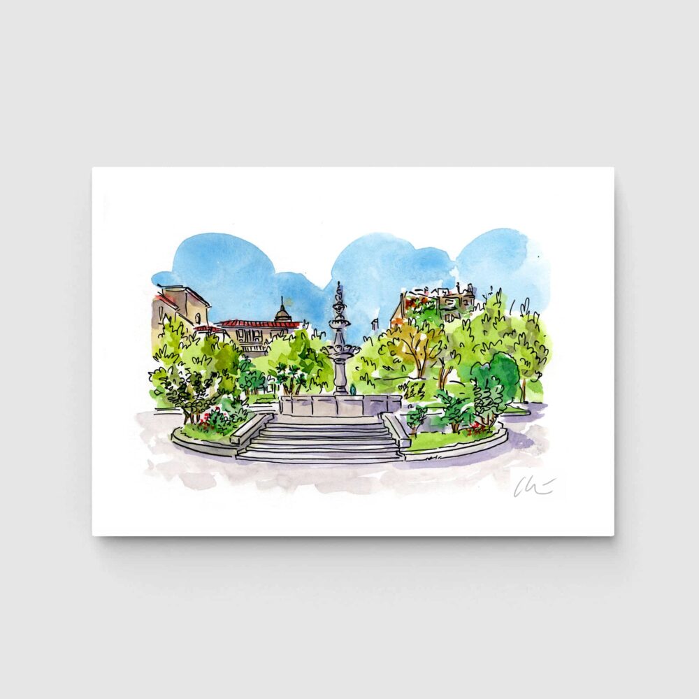 Ilustración en acuarela de la Plaza del Obispo Cesáreo de Ourense