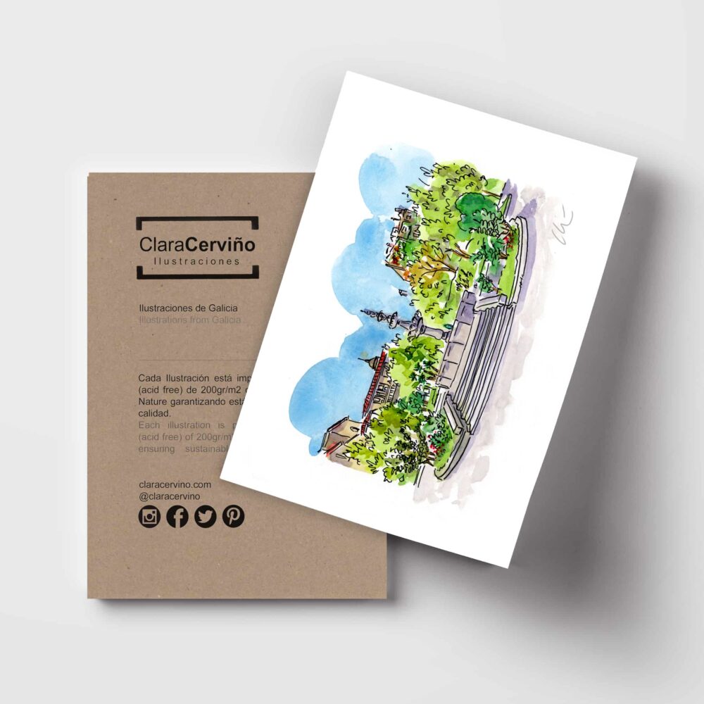 Ilustración pinta a mano con acuarela de la Plaza del Obispo Cesáreo de Ourense
