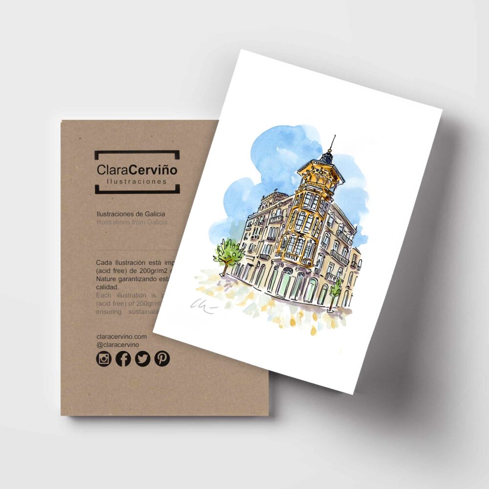 Ilustración original en acuarela del Hotel Miño de Ourense